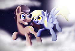 Size: 1238x842 | Tagged: safe, artist:tsupirka, derpy hooves, doctor whooves, time turner, pegasus, pony, g4, cloud, cloudy, female, flying, happy, male, mare, ship:doctorderpy, shipping, smiling, stars, straight