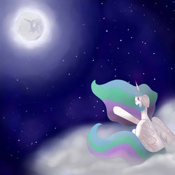 Size: 1024x1024 | Tagged: safe, artist:foreverago2015, princess celestia, lullaby for a princess, g4, cloud, crying, female, mare in the moon, moon, solo, stars