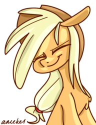 Size: 672x874 | Tagged: safe, artist:amekel, applejack, g4, chest fluff, cute, eyes closed, female, floppy ears, simple background, smiling, solo