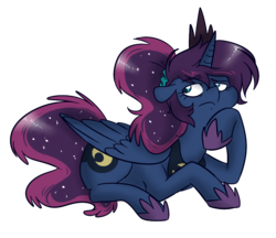 Size: 904x780 | Tagged: dead source, safe, artist:princess-hanners, princess luna, luna-afterdark, g4, alternate hairstyle, female, prone, simple background, solo
