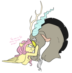 Size: 1190x1200 | Tagged: safe, artist:princess-hanners, discord, fluttershy, g4, angry, badass, crying, dialogue, flutterbadass, looking at each other, simple background, sweat, transparent background