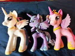 Size: 960x720 | Tagged: safe, artist:lucaspratt, princess cadance, princess celestia, princess luna, g4, concave belly, crown, hoof shoes, irl, jewelry, peytral, photo, physique difference, plushie, princess shoes, regalia, slender, small wings, spread wings, thin, trio, wings