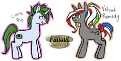 Size: 927x470 | Tagged: safe, alternate version, artist:angsty-alpaca, oc, oc only, oc:littlepip, oc:velvet remedy, pony, unicorn, fallout equestria, alternate design, duo, fanfic, fanfic art, female, horn, mare, simple background, white background