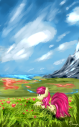 Size: 1200x1915 | Tagged: dead source, safe, artist:shamanguli, roseluck, earth pony, pony, g4, female, lying down, mare, prone, scenery, solo