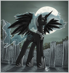 Size: 1024x1070 | Tagged: safe, artist:slawomiro, nightmare moon, g4, desaturated, female, mare, moon, night, solo