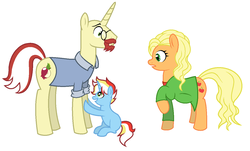 Size: 1284x776 | Tagged: safe, artist:unoriginai, applejack, flam, oc, pony, unicorn, g4, alternate hairstyle, breaking bad, clothes, crossover, crossover shipping, dress, glasses, jesse pinkman, offspring, parent:flam, parent:rainbow dash, pregnant, ship:flamjack, shirt, skyler white, walter white