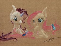 Size: 1280x960 | Tagged: safe, artist:getchanoodlewet, fluttershy, rarity, g4, brush, magic, traditional art