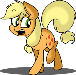 Size: 990x981 | Tagged: safe, artist:strangiesleepy, applejack, g4, female, hatless, missing accessory, shocked, simple background, solo, transparent background