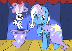 Size: 1280x912 | Tagged: safe, artist:rosexknight, angel bunny, trixie, g4, magic, magic trick, stage, trixie's hat