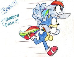 Size: 1256x968 | Tagged: safe, artist:silversimba01, rainbow dash, g4, carrying, crossover, fear, male, running, sonic the hedgehog, sonic the hedgehog (series), traditional art