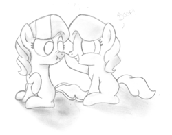 Size: 1421x1122 | Tagged: safe, artist:ideltavelocity, diamond tiara, royal blue, g4, boop, grayscale, missing accessory, monochrome, scrunchy face, traditional art