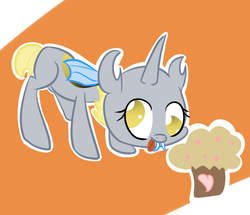 Size: 600x515 | Tagged: safe, artist:drcheezycat, derpy hooves, changeling, pegasus, pony, g4, changelingified, derpling, female, mare, muffin, solo, yellow changeling