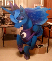 Size: 600x693 | Tagged: safe, artist:theuselesstoe, princess luna, g4, bedroom eyes, cardboard, constellation, craft, female, frown, huge, looking at you, solo