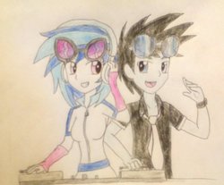 Size: 1024x846 | Tagged: safe, artist:little-miss-oshawott, dj pon-3, neon lights, rising star, vinyl scratch, equestria girls, g4, female, male, ship:vinylights, shipping, straight, traditional art