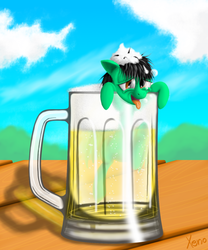 Size: 800x960 | Tagged: safe, artist:the1xeno1, oc, oc only, beer, size difference, solo, table