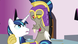 Size: 1280x720 | Tagged: safe, screencap, discord, shining armor, g4, twilight's kingdom, and then shining armor was gay, lidded eyes, male, out of context