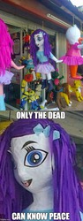 Size: 490x1306 | Tagged: safe, pinkie pie, rarity, big cat, frog, horse, lion, equestria girls, g4, bootleg, daisy duck, despicable me, humanized, image macro, irl, meme, mexico, minions, nightmare fuel, only the dead can know peace from this evil, photo, piñata, wat, witch