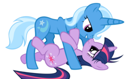 Size: 1509x950 | Tagged: safe, artist:mrbrandonmac, edit, trixie, twilight sparkle, pony, unicorn, g4, bedroom eyes, boop, eye contact, female, frown, grin, lesbian, nose wrinkle, noseboop, on back, ship:twixie, shipping, simple background, smiling, smirk, standing, transparent background, vector