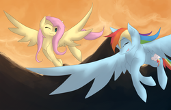 Size: 900x580 | Tagged: safe, artist:risketch, fluttershy, rainbow dash, g4, flying, sunset, wink