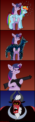 Size: 510x1748 | Tagged: safe, artist:hellarmy, lord tirek, rainbow dash, twilight sparkle, alicorn, pony, g4, twilight's kingdom, alternate ending, alternate scenario, bipedal, comic, customized toy, eyes closed, female, frown, glare, gun, gunified, holding a pony, hoof hold, inanimate tf, lip bite, mare, open mouth, parody, ponies with guns, rainbow dash turning into an assault rifle, rifle, shivering, shocked, sweat, transformation, transformers, transformers age of extinction, twilight sparkle (alicorn), twilight vs tirek, weapon, wide eyes