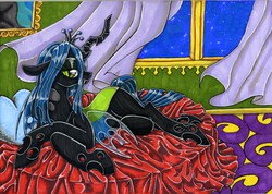Size: 3496x2495 | Tagged: safe, artist:darkcherry87, queen chrysalis, changeling, changeling queen, g4, bed, bedroom eyes, female, high res, solo, traditional art