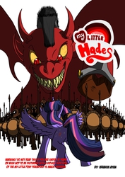 Size: 1240x1754 | Tagged: safe, artist:dark-rivals, twilight sparkle, oc, alicorn, demon, demon pony, original species, pony, g4, army, bloodshot eyes, bracelet, butt, cliche, cloven hooves, comic, cover, cuffs, demon wings, female, glare, glowing eyes, grin, helmet, looking up, mare, mohawk, my little hades, perspective, plot, raised hoof, sharp teeth, shield, simple background, slit pupils, smiling, smirk, spear, spread wings, twilight sparkle (alicorn), underhoof, weapon, white background, wide eyes, wings, yellow sclera
