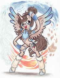 Size: 900x1157 | Tagged: safe, artist:oriwhitedeer, alicorn, pony, semi-anthro, air, crossover, earth, fire, korra, ponified, solo, the legend of korra, traditional art, water