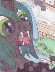 Size: 5102x6599 | Tagged: source needed, safe, artist:bluepianta, queen chrysalis, oc, oc:anon, g4, absurd resolution, dentist, fangs, open mouth, toothbrush, traditional art