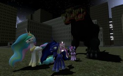 Size: 1680x1050 | Tagged: safe, artist:sonic5421, cerberus (character), princess cadance, princess celestia, princess luna, twilight sparkle, alicorn, cerberus, pony, g4, 3d, disney, female, gmod, hercules, kingdom hearts, mare, multiple heads, royal family, three heads, twilight sparkle (alicorn)