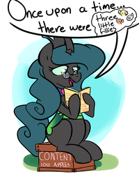 Size: 1200x1500 | Tagged: safe, artist:rustydooks, queen chrysalis, g4, apple, book, crate, dialogue, female, glasses, mirror universe, open mouth, reading, reversalis, sitting, smiling, solo, storytelling
