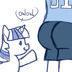 Size: 500x500 | Tagged: safe, artist:higglytownhero, twilight sparkle, human, g4, ass, butt, eyes on the prize, looking at butt, monochrome, simple background, smiling, wow