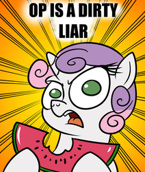 Size: 500x589 | Tagged: safe, artist:catfood-mcfly, sweetie belle, angry, explicit source, female, fury belle, looking at you, op is a dirty liar, paradox, reaction image, solo, watermelon