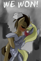 Size: 1500x2200 | Tagged: dead source, safe, artist:misspolycysticovary, derpy hooves, doctor whooves, time turner, earth pony, pegasus, pony, g4, bipedal, blushing, duo, female, kissing, male, mare, ship:doctorderpy, shipping, straight, v-j day in times square, victory