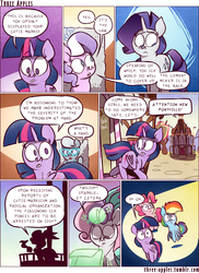 Size: 944x1294 | Tagged: safe, artist:capnpea, artist:kefkafloyd, diamond tiara, rainbow dash, rarity, silver spoon, sweetie belle, twilight sparkle, alicorn, earth pony, pegasus, pony, comic:three apples, g4, comic, female, filly, mare, no pupils, twilight sparkle (alicorn)