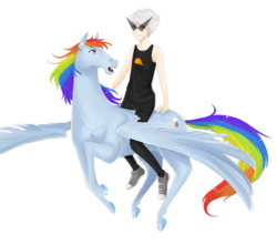 Size: 1000x885 | Tagged: safe, artist:aneogyps, rainbow dash, human, pegasus, pony, g4, clothes, dirk strider, duo, female, hoers, homestuck, humans riding ponies, male, mare, realistic horse legs, riding, simple background, spread wings, sunglasses, tank top, teenager, transparent background, wings