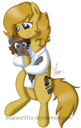 Size: 493x779 | Tagged: safe, artist:mariex911x, oc, oc only, oc:professoranna, oc:zeus, pony, baby, baby pony, clothes, cookie, cute, female, foal, lab coat, mare, microscope, mother, motherly, request, young
