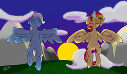 Size: 1024x600 | Tagged: safe, artist:bibblebop, sunset shimmer, trixie, alicorn, pony, g4, alicornified, flying, mirror universe, race swap, shimmercorn, trixiecorn