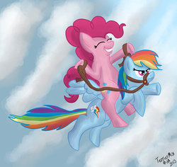 Size: 1024x966 | Tagged: safe, artist:terriermix, pinkie pie, rainbow dash, g4, bridle, pinkie pie riding rainbow dash, ponies riding ponies, reins, riding