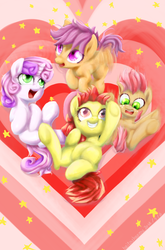 Size: 1370x2080 | Tagged: safe, artist:baitoubaozou, apple bloom, babs seed, scootaloo, sweetie belle, earth pony, pegasus, pony, unicorn, g4, cutie mark crusaders, female, filly, fluttering, the powerpuff girls