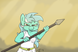 Size: 1012x682 | Tagged: safe, artist:davierocket, lyra heartstrings, anthro, g4, clothes, solo, spear, toga, war face, weapon