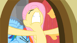 Size: 330x185 | Tagged: safe, screencap, fluttershy, rainbow dash, dragon quest, g4, season 2, animated, female, out of context, pushing
