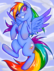 Size: 2000x2600 | Tagged: safe, artist:kyotoxart, rainbow dash, pegasus, pony, g4, female, high res, one eye closed, sky background, solo