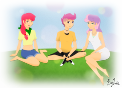 Size: 6114x4433 | Tagged: safe, artist:bafho, apple bloom, scootaloo, sweetie belle, human, g4, absurd resolution, barefoot, cutie mark crusaders, feet, humanized, mohawk, older