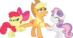 Size: 3539x1846 | Tagged: safe, artist:porygon2z, apple bloom, applejack, sweetie belle, earth pony, pony, unicorn, g4, sisterhooves social, ^^, apple bloom's bow, applejack is not amused, applejack's hat, bipedal, bow, cowboy hat, eyes closed, female, hair bow, hat, one eye closed, simple background, transparent background, trio, trio female, tug of war, vector