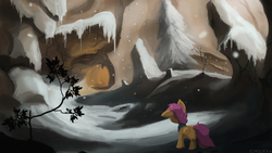 Size: 4000x2250 | Tagged: dead source, safe, artist:fuzzyfox11, scootaloo, pegasus, pony, g4, blank flank, cave, clothes, female, filly, floppy ears, foal, scarf, scenery, signature, snow, snowfall, solo, tree