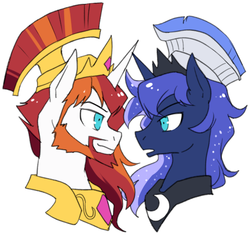 Size: 607x573 | Tagged: safe, artist:re_ghotion, princess celestia, princess luna, pony, g4, brothers, bust, duo, duo male, face to face, head, male, neckbeard, prince artemis, prince solaris, royal brothers, rule 63, simple background, stallion, white background