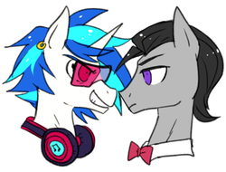 Size: 530x402 | Tagged: safe, artist:re_ghotion, dj pon-3, octavia melody, vinyl scratch, earth pony, pony, unicorn, g4, glare, grin, octavius, record scrape, rule 63, smiling, stare