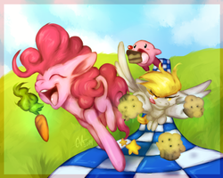 Size: 1280x1024 | Tagged: safe, artist:fizzy-dog, derpy hooves, pinkie pie, pegasus, pony, puffball, g4, carrot, crossover, female, kirby, kirby (series), mare, muffin