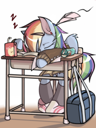 Size: 1200x1600 | Tagged: safe, artist:anchor, rainbow dash, pegasus, pony, semi-anthro, g4, apple juice, book, brooch, chair, clothes, desk, female, headphones, juice box, morning ponies, paper airplane, pencil case, pixiv, school, school desk, school uniform, sitting, skirt, sleeping, sleeping in class, solo, zzz