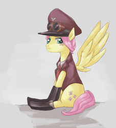 Size: 523x576 | Tagged: safe, artist:bikkisu, fluttershy, g4, butterscotch, clothes, looking at you, rule 63, solo, steampunk, uniform